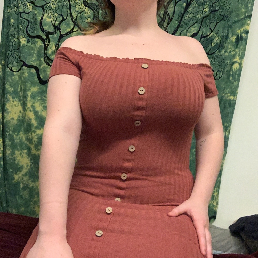 Pink off the shoulder dress with button details
